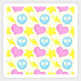 Watercolor pattern with hearts, stars, skulls and lightnings Sticker